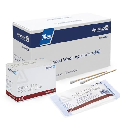 Dynarex Cotton Tipped Wood Applicators - 6" - Non-Sterile - Medical Swabs for Wound Care, Cleaning, Crafts - 10 Boxes per Case, 10 Pouches per Box, 100 Applicators per Pouch