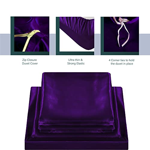 Ahmedani Linen Sexy Satin Sheet 6 Pcs Queen Bedding Set 1 Duvet Cover + 1 Fitted Sheet + 4 Pillow Cases Purple Queen #TOP2