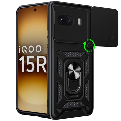 Image of TheGiftKart Back Cover Case for iQOO 15R 5G | Armor Bumper Case with Rotating Camera Cover, Kickstand & Ring Holder | 360 Degree Protection iQOO 15R Back Cover (PC & TPU, Black)