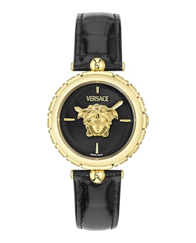 Versace Medusa Heritage Collection Luxury Womens Watch Timepieces with a Black Strap and Dial Featuring a Gold Case