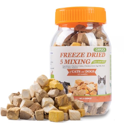 5-in-1 Freeze-Dried Cat & Dog Treats - Natural Chicken, Salmon, Egg Yolk, Duck & Liver, Grain-Free High Protein Snacks (5oz)