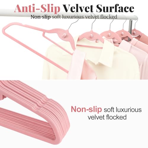 Velvet-Felt-Stackable-Hangers-50-Pack-Thin-Space-Saving-Pink-Non-Slip-15Lbs-Capacity-Heavy-Duty-With-360-Swivel-Hook-Shoulder-Notches-No-Shoulder-Bump-for-Coat-Suit-Shirt-Dress