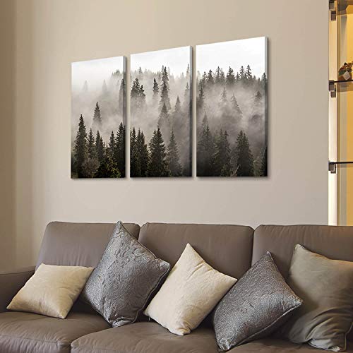 Natural Landscape Wall Art Paintings: Photographic Artworks Dark Tree Line With Foggy Misty Forest Pine Print On Wrapped Canvas For Decoration, Multi-Piece Image (16"X26"X3, Gray Wall Decor) #TOP4