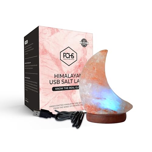 POHS USB Himalayan Mini Moon Salt Lamp, 7 Color Changing LED Bulb, Hand Crafted Crystal Rock Salt Night Light for Home Decor, Desk, and Gift | Premium Quality Wood Base and USB Cable