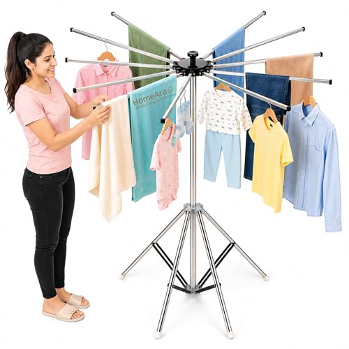Image of Foldable Umbrella Style 4-Leg Clothes Drying Stand | 10 Rod Stainless Steel Laundry Dryer Rack | Space Saving Portable Heavy Duty Rust Resistant Cloth Drying Stand for Indoor & Outdoor Use