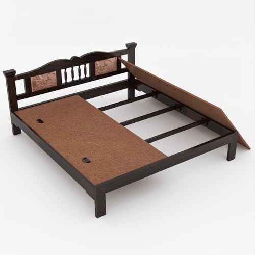Image of Sheesham Wood King Size Bed | Wooden Double Bed Palang Without Storage | Walnut Finish | Master Bedroom | Guest Room | DIY Assembly | with Headboard