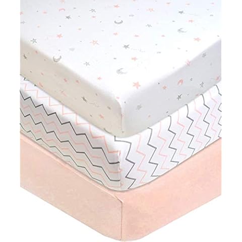 American Baby Company 3 Pack Fitted Crib Sheets 28" x 52", Soft Breathable Neutral 100% Cotton Jersey Sheet, Blush Pink Star/Zigzag, for Boys and Girls, Fits Crib and Toddler Bed mattresses Cover