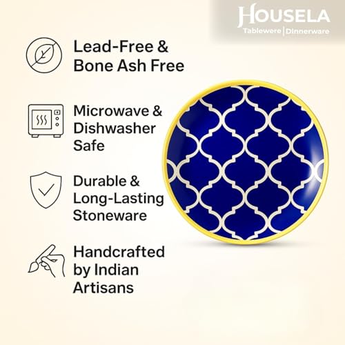 Image of Morrocan /Umrao Ceramic Plates for Dinner with Katoris (12 Pieces, 6 Bowl & 6 Plates, Dishwasher & Microwave Safe) -Dinner Sets -(Blue & Yellow)