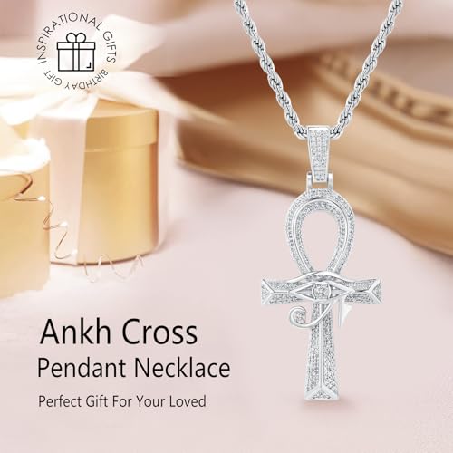 Eye of Horus Ankh Cross Pendant Necklace 18K White Gold Plated Iced Out CZ Bling Ancient Egyptian Religious Symbol Protection Chain Jewelry for Men Women Christmas Birthday Gift3