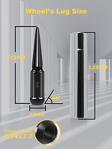 Image of MIKKUPPA 24PCS M14x2.0 Spike Lug Nuts - Black 14mmx2.0 Spike Lug Nuts, Replacement for 2004-2014 Ford F150, 2003-2014 Expedition, Solid 4.4 inch Tall Acorn Lug Nut with 1 Socket Key