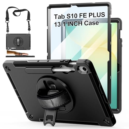 Image of Case for Galaxy Tab S10 FE Plus 13.1 inch 2025: TPU Cover for Samsung Tablet S10 FE Plus /+ 13.1 Inch with Screen Protector- Stand- Handle-Shoulder Strap-S-Pen Holder-Black+Black