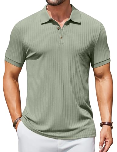 COOFANDY Strukturiertes Poloshirt für Herren, kurzärmelig, schmale Passform, lässig, Knopfleiste, Polo-T-Shirt, Sommer, Kragen, Golfshirt, Hellgrün, XX-Large