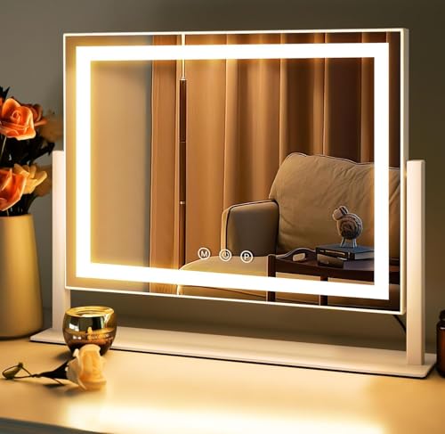 LuxeVue Vanity Mirror with Lights 40 x 30cm LED Makeup Mirror Freestanding Light Up Vanity Mirror with 3 Colors Dimmable Touch Sensor Round 3.5 15X Spot Magnifying 360 Rotation (White)