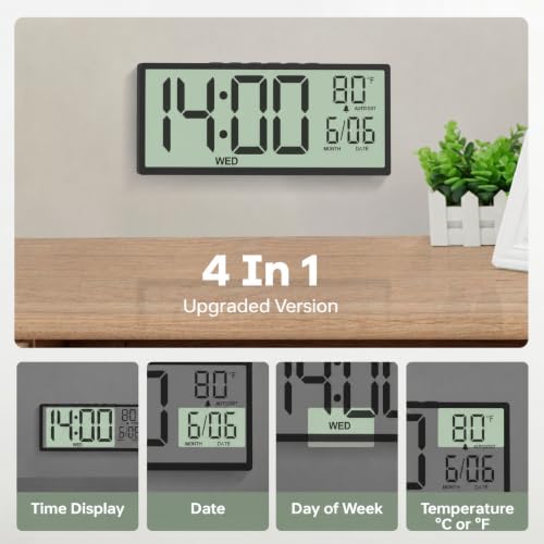 Image of JALL Large Digital Wall Clock Battery Operated, Wall Clock with Big Numbers LCD Display, Digital Clock with Date Day Temperature, Alarm, Auto DST, Clocks for Classroom, Office, Bedroom, Elderly- Black
