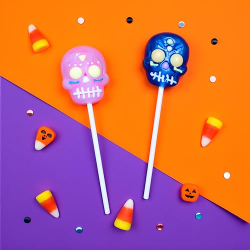 Halloween Sugar Skull Lollipops Candy, 24 Pack, Dia De Los Muertos, Strawberry, Orange, and Blue Raspberry Suckers