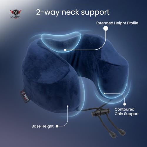 Image of Premium Memory Foam Neck Pillow by ValorX USA for Travelling 360 Neck Support with Ultra-Soft Lightweight Velvet Cover & Free Travel Pouch, Blue