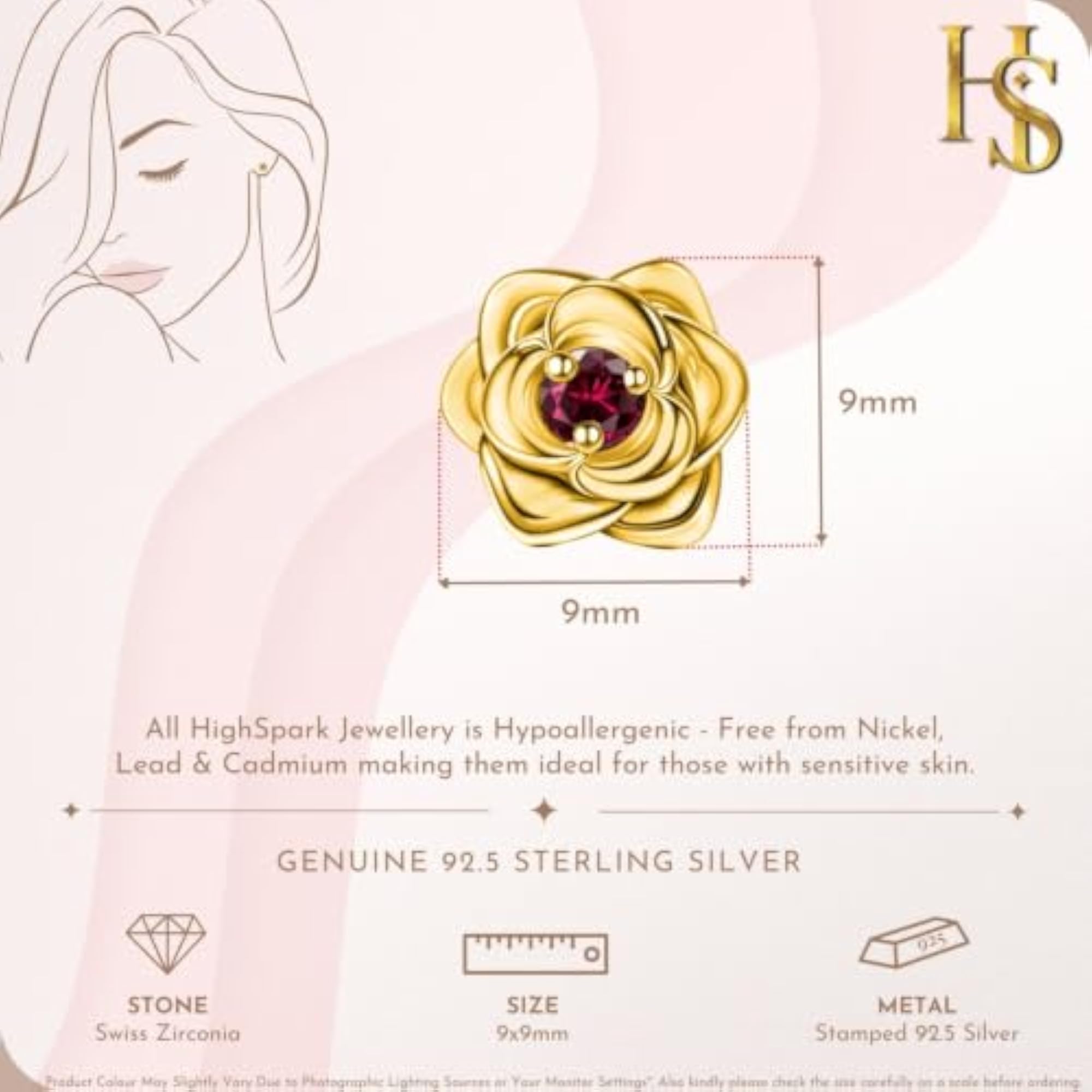 Women's 925 Silver Red Rose Bloom Earrings in Gold Finish