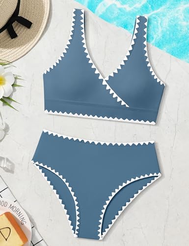 Image of KANGKANG Girls Swimsuit Bikini Set Solid Color V-Neck Two Piece Bathing Suit with Chest Pad Adjustable Straps Swimwear 7-16T