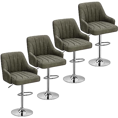 Image of VECELO Adjustable Barstools Set of 4, Counter Bar Stools with Back and Arm, Kitchen Island Stools Swivel Bar Chairs for Pub Dinning Room, Dark Gray