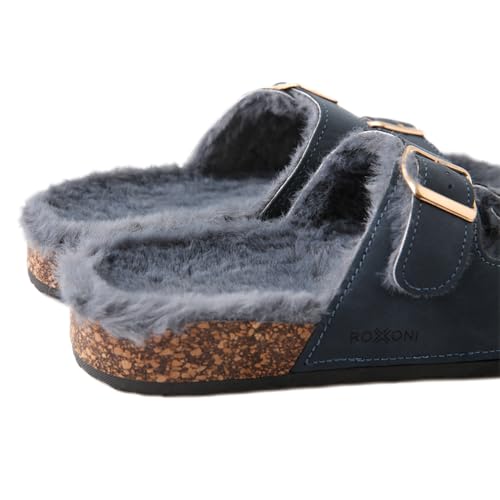 Roxoni Women's Open Toe Feather Slipper with Adjustable Double Buckle Cozy Cork Slide Sandal4