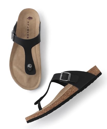 Image of HF JOURNEY Nivera 2.0 Men's Cork Footbed Thong Sandal,Slip On Entry,(Size 41-46) BlackPU, Casual Lounging Slipper, EVA Sole, Flat Heel,Nivera 2.0 - Black (41)