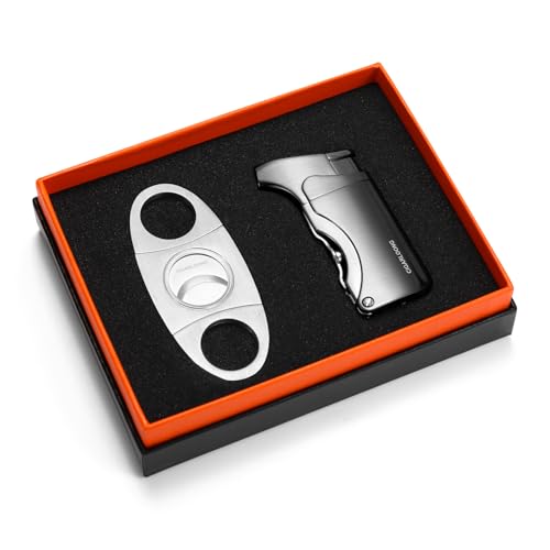 CIGARLOONG Cigar Lighter and Cutter Set,Stainless Steel Lighter and Sharp Cigar Cutter with 2 Punch Opener Gift Box,without gas(Grey)