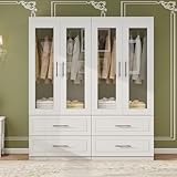 Keloyid Wooden Armoire Wardrobe Closet with Glass Door, Bedroom Armoire Storage Cabinet, 4 Door Modern White Armoire Wardrobe Closet with Hanging Rod for Bedroom
