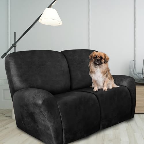 Image of ANARACHON Loveseat Recliner Cover Leather Look Recliner Loveseat Covers Recliner Sofa Cover for 2 Seater Reclining Couch Spandex Fabric Washable 6 Pieces (2 Seater, 02 Dark Gray)