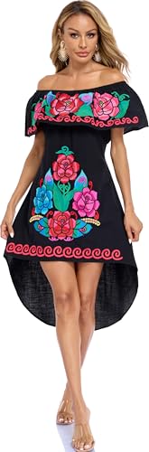 Image of YZXDORWJ Women's Mexican Asymmetrical Dress Embroidered Floral Off-Shoulder Cocktail Latina Fiesta Dress