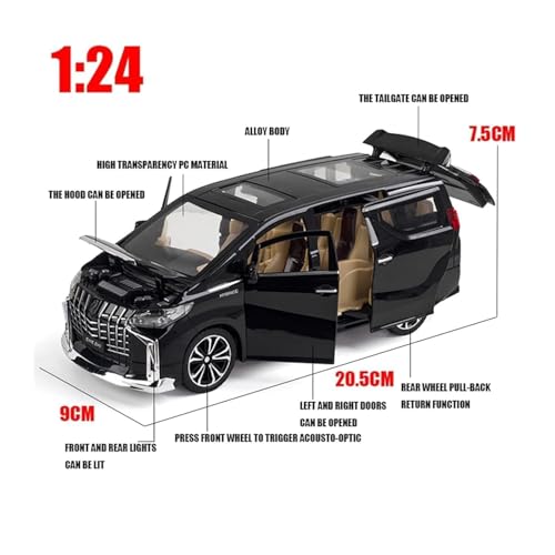 Image of WORSHIPER Alloy Metal Pull Back Die-cast Car 1:24 Big Alphard Diecast Metal Pullback Toy car with 6 Openable Doors & Light, Music Boys Gifts Toys for Kids (1:24 Alphard - Black)