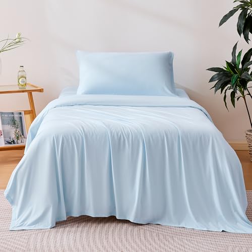 Image of Amazon Basics Cooling Sheets, 3-Piece Bed Sheet Set for Summer, Soft and Breathable for Hot Sleepers, Bedding with 1 Deep Pocket Fitted Sheet, 1 Flat Sheet, and 1 Pillowcase, Twin, Blue