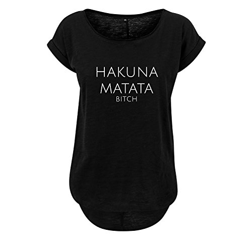 Hakuna Matata t-Shirt lang Oversize Damen Kurzarm Top Women lässig Sommer schwarz weiß (95-B36-Schwarz-S)