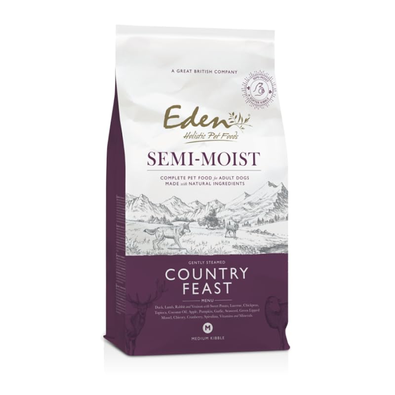 Eden Semi-Moist Country Feast 10kg Kibble. Naturally Complete Premium Dry Dog Food for Adult & Senior Dogs-Lamb, Duck, Rabbit, Venison. Soft kibble piece, soft dog food, great for fussy dogs