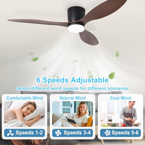 Image of Depuley Flush Mount Ceiling Fan: 52-Inch Black Ceiling Fans with Lights for Bedroom Indoor Outdoor - Low Profile Ceiling Fans with Remote Control 24W 3CCT Dimmable 3 Reversible Walnut Blades 6 Speeds