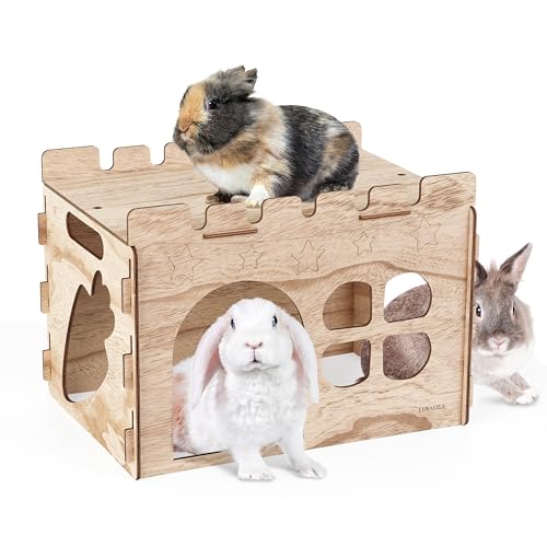 LEXASTLE Larger Bunny Castle Sturdy Walnut Color Wooden Rabbit Hideout for Bunnies Guniea Pigs Ferrets Chinchillas Hamsters