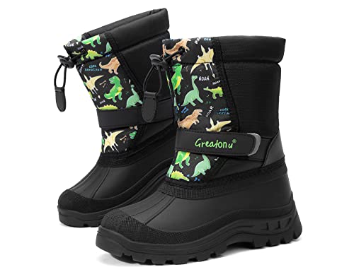 Greatonu Kids Snow Boots Waterproof Boys Girls Winter Boots Mid Calf Insulated Duck Boots Black Dinosaur Little Kid 13 #TOP1