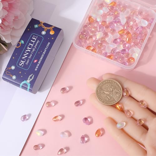 SUNNYCLUE 1 Box 150Pcs 5 Colors Glass Water Drop Beads Teardrop Bead Transparent Waterdrop with Glitter Powder Oval Colorful Loose Beads for Jewellery Making Bead Assortments DIY Bracelet Necklace - Image 3