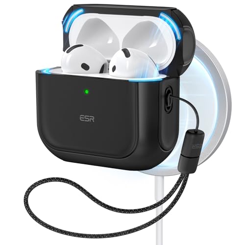 ESR Capa para AirPods de 4ª geração, compatível com AirPods 4 Gen (2024) (USB-C), compatível com MagSafe, capa de proteção contra quedas com cordão, capa híbrida Orbit, Preto