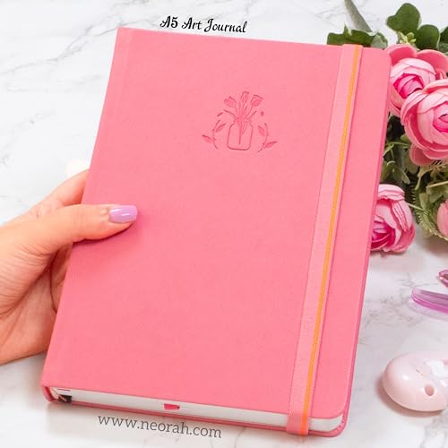 Image of NEORAH - A5 - ART JOURNAL | 200 Gsm Dotgrid Notebook | 160 Pages(21.0 x 14.8 cm)| Hard Cover| 3 Bookmarks | Elastic Closure|Back Pocket | Ideal - Bujo,Drawing & Painting, Junk Journal (Pink)