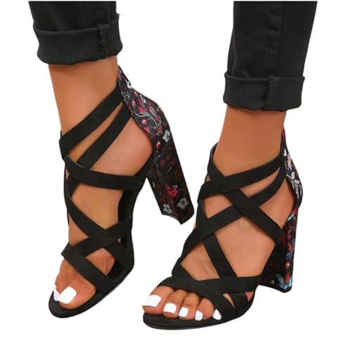 Women Chunky Heeled Sandals Buckle Ankle Strap Cross Open Toe Pumps Summer Casual Block Heel Dress Party Shoes