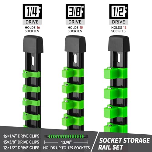 Image of Reniteco 3-Piece Socket Organizer - 1 /4-Inch x 16 Clips, 3 /8-Inch x 15 Clips, 1 /2-Inch x 12 Clips, Heavy Duty ABS Socket Holder, Premium Quality Socket Clip Rail Holder for Tool Box Drawer
