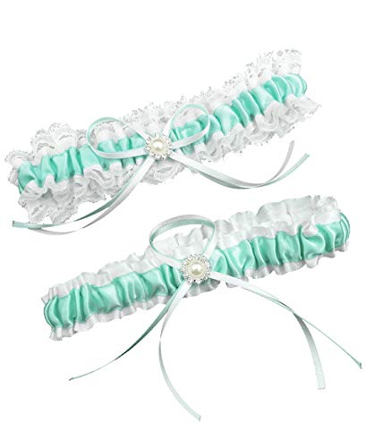 MerryJuly Wedding Bridal Garter Belt Set Free Size(15-23 inch) (Mint Green)