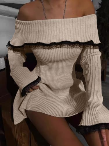 Image of chouyatou Women's Off The Shoulder Bell Long Sleeve Sweater Mini Dress Lace Trim Bodycon Ribbed Knit Sweater Dress