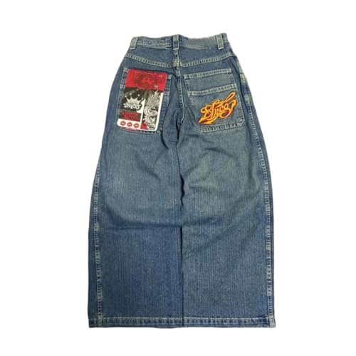 ORANDESIGNE Y2k Jeans Herren Hip Hop Retro Schädel Stickerei Gewaschen Baggy Denim Hose Lässig Lose Weites Bein Hose Streetwear M Z08 Blau