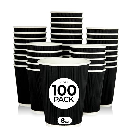 Zuvo Takeaway Coffee Cups 8 OZ - NO Lids - 100 Disposable Black Ripple Coffee Cups - Ideal for Takeaways