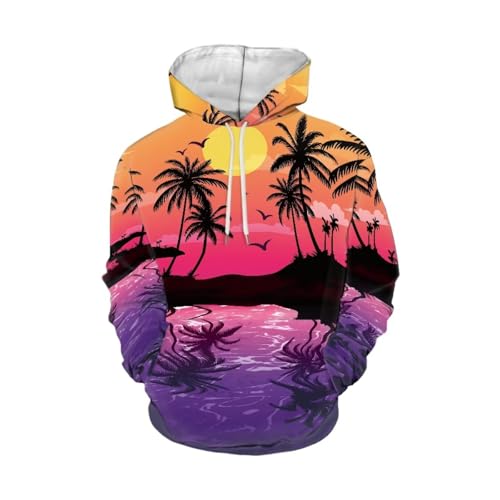 Image of Forchrinse Green Palm Tree Sea Beach Mens Hoodies Pullover Long Sleeve Fleece Hoodie Cozy Sport Casual Outwear