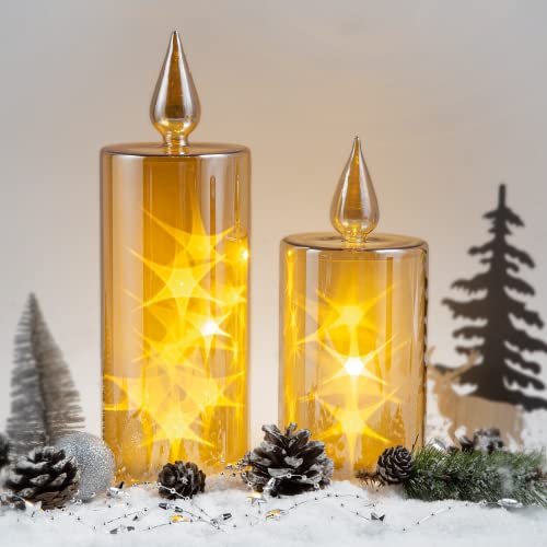 Preisvergleich Produktbild Weihnachten Led Kerzen, Flammenlose Kerzen mit Timerfunktion, Batteriebetrieben Glas Led Kerzen mit Sternmuster, Dekoration für Tisch, Wohinzimmer, Schlafzimmer, Geburstag, Hochzeit (2 Set Beistern