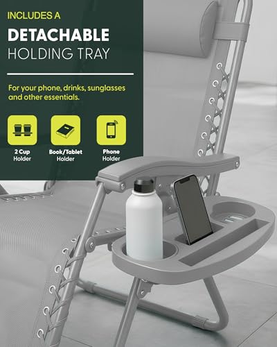 Keplin Set Of 2 Heavy Duty Zero Gravity Chairs – Padded Garden Recliners With Locking System, 160° Recline, Adjustable Pillow, Removable Tray With Cup & Phone Holders, 110Kg Capacity (Light Grey) - 5