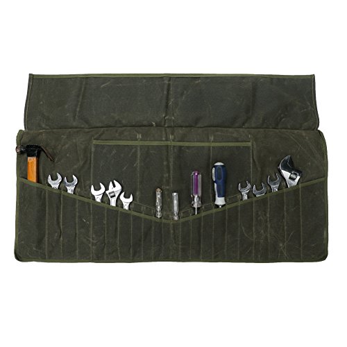 12 OZ Waxed Canvas Wrench Roll Up Pouch Tool Organizer Tote Bag with 25 Pockets Waterproof Tool Roll Pouch for Handymen Plumber Craftsmen CYGJB37 Army Green