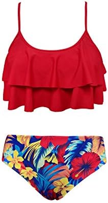 SHEKINI Girls Floral Printing Bathing Suits Ruffle Flounce Two Piece Swimsuits (Rose Red - B, 10-12 Years)